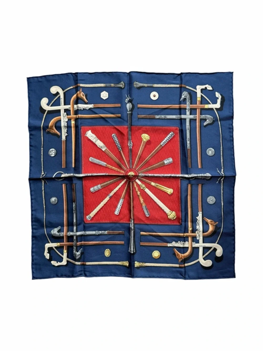 Hermès Cannes et Pommeaux Silk Pocket Square Scarf Navy Red 16.5” - Picture 1 of 4